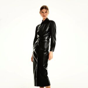 NWOT Zara black faux leather gathered waist button-up collared shirt dress, S
